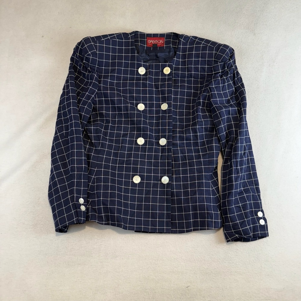 80s Vintage Sasson Navy Windowpane Grid Double Breasted Collarless Blazer 10